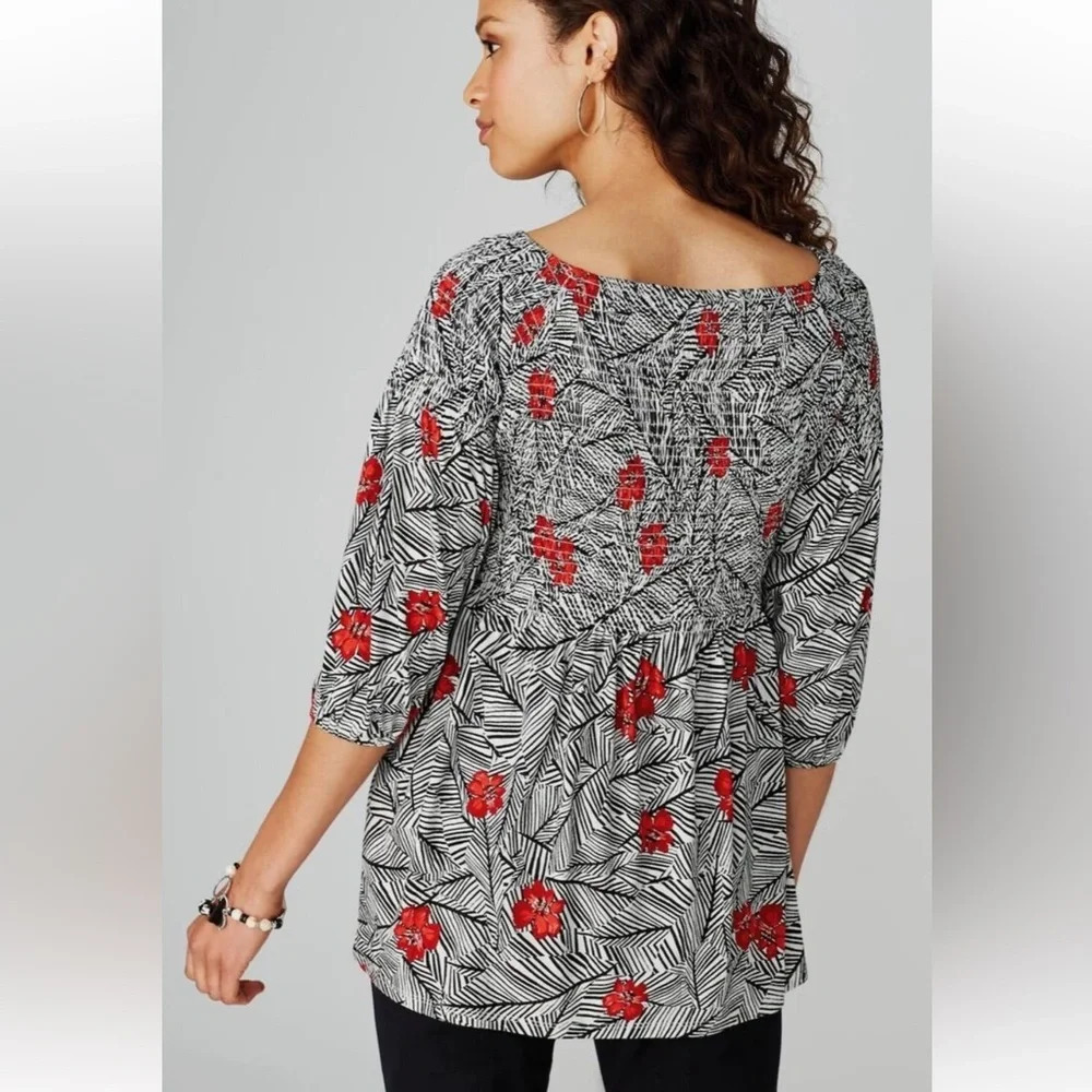 J.Jill Smocked Peasant Style Top Smocked Black White Red Floral Size L - Picture 4 of 15